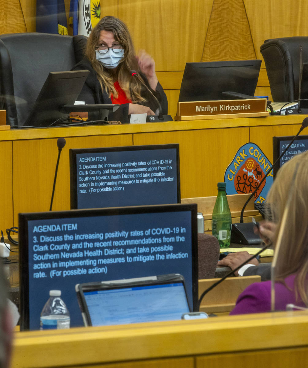 Clark County Commission Chairman Marilyn Kirkpatrick listens to a discussion during an emergenc ...