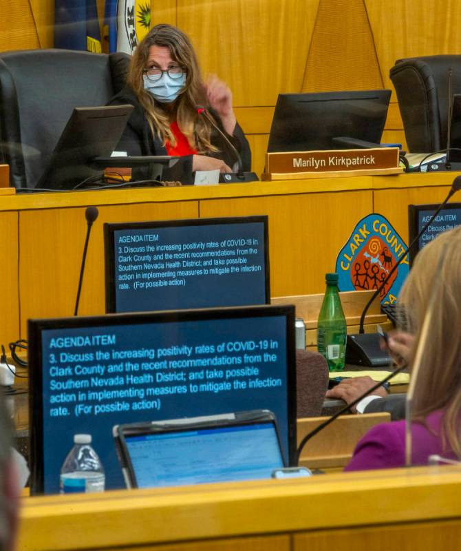 Clark County Commission Chairman Marilyn Kirkpatrick listens to a discussion during an emergenc ...