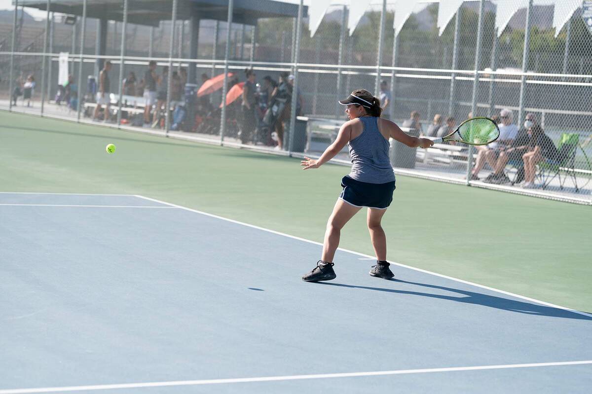 (Jamie Jane/Boulder City Review) Boulder City High School sophomore Lilly Mikkelson hits the ba ...
