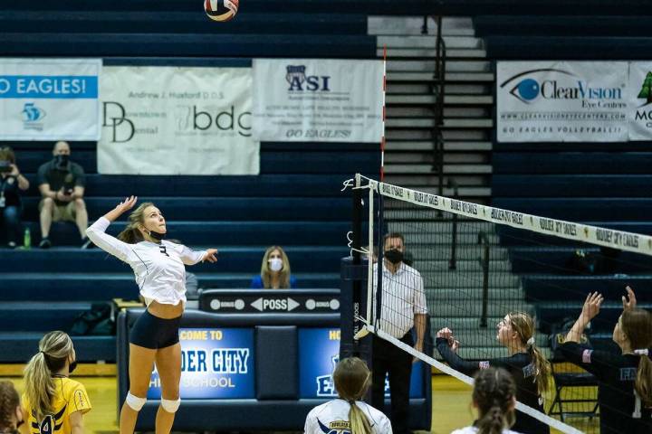 (Jamie Jane/Boulder City Review) Senior Ashlyn Hess added nine kills in the Lady Eagles’ 3-0 ...