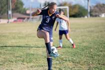 (Jamie Jane/Boulder City Review) Senior Samantha Bahde goes after the ball Friday, Oct. 8, as t ...