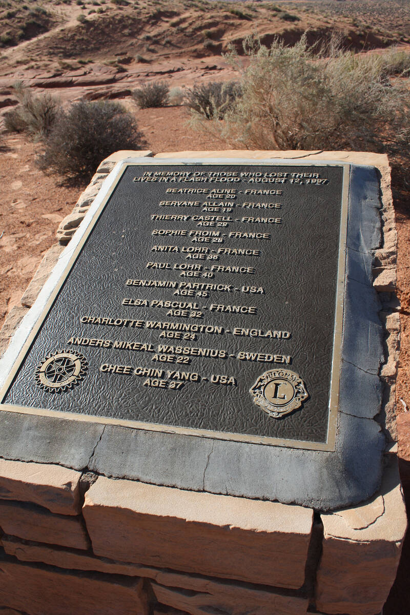 (Deborah Wall) A plaque at Lower Antelope Canyon memorializes the 11 tourists who died in a fla ...