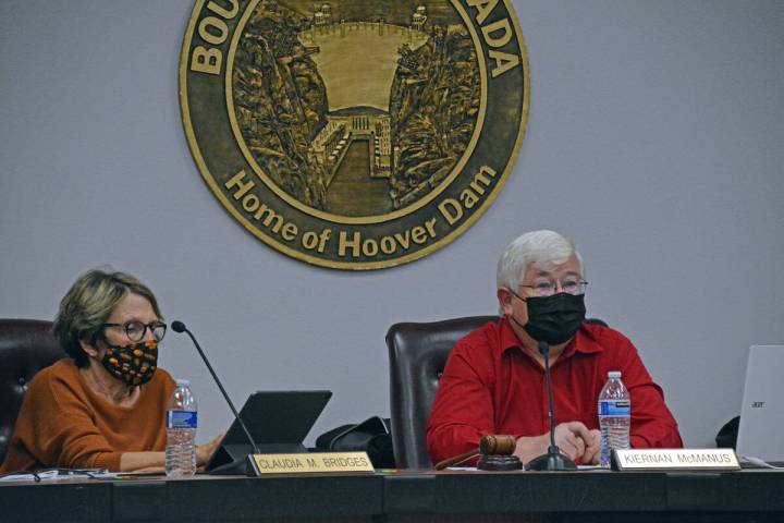 Celia Shortt Goodyear/Boulder City Review Councilwoman Claudia Bridges and Mayor Kiernan McManu ...