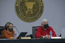 Celia Shortt Goodyear/Boulder City Review Councilwoman Claudia Bridges and Mayor Kiernan McManu ...