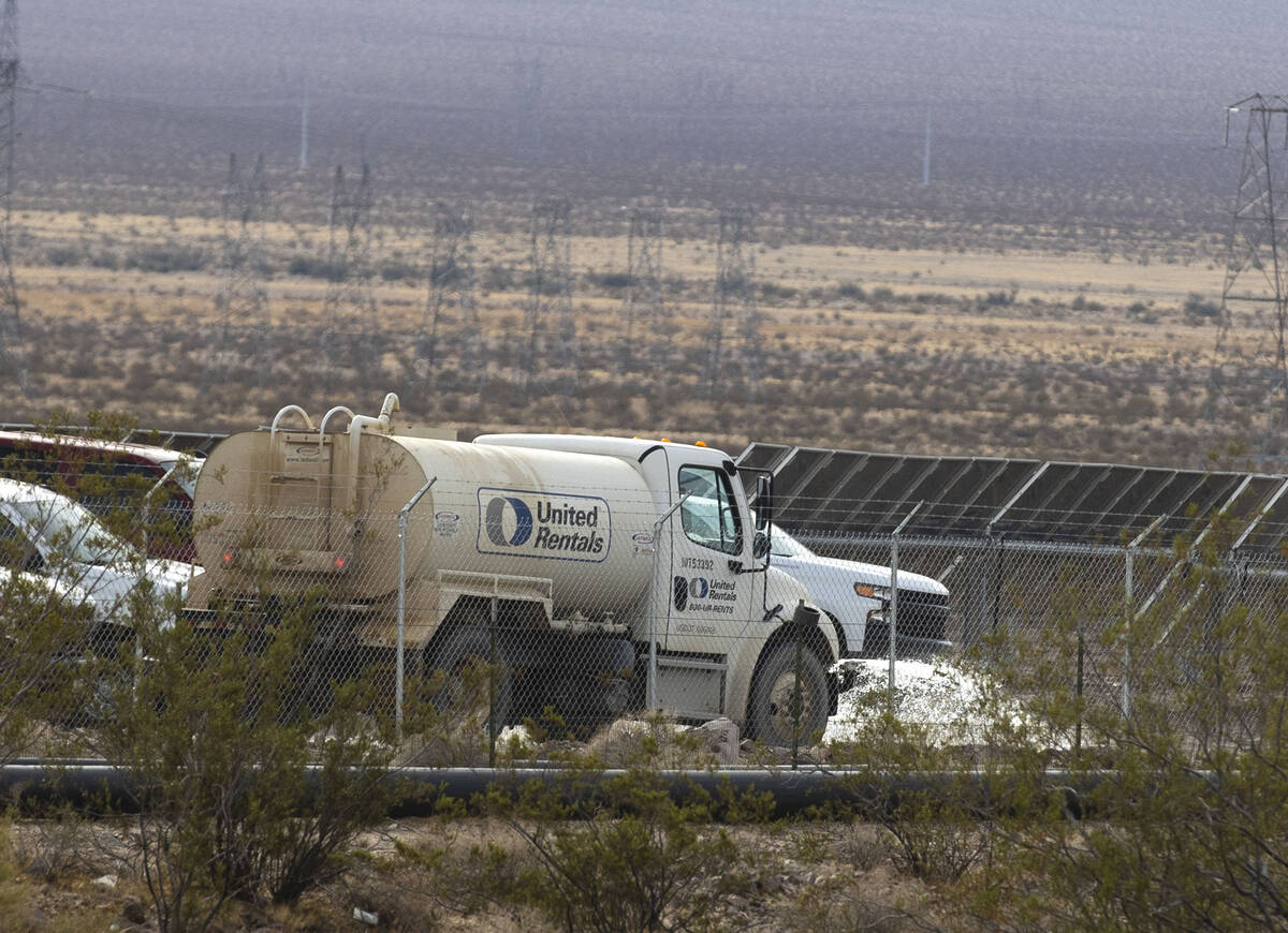 (Bizuayehu Tesfaye/Special to the Boulder City Review) A truck sprays water at Townsite Solar G ...