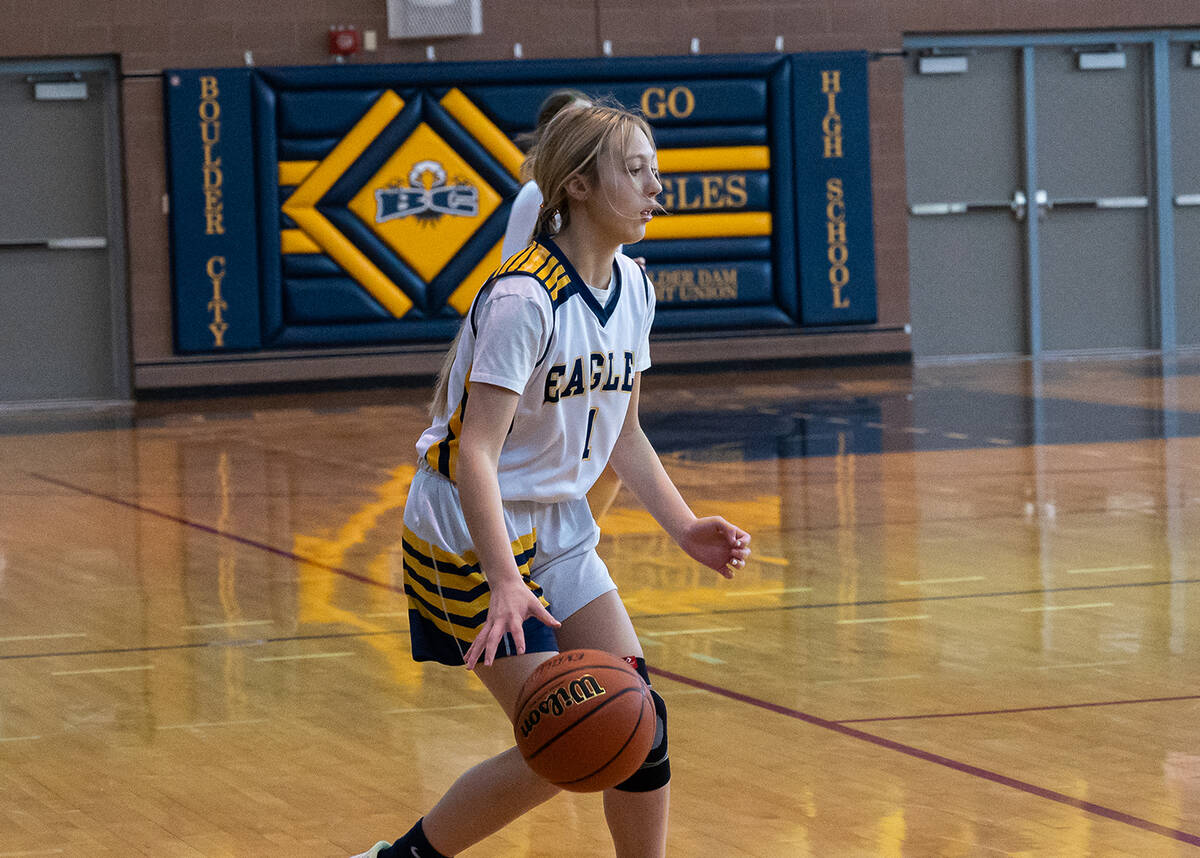 (Jamie Jane/Boulder City Review) Helping contribute to the Lady Eagles’ 45-40 victory over So ...