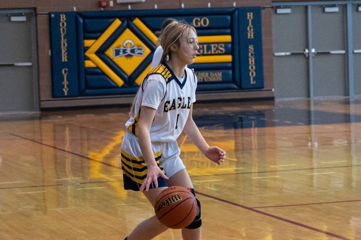 (Jamie Jane/Boulder City Review) Helping contribute to the Lady Eagles’ 45-40 victory over So ...