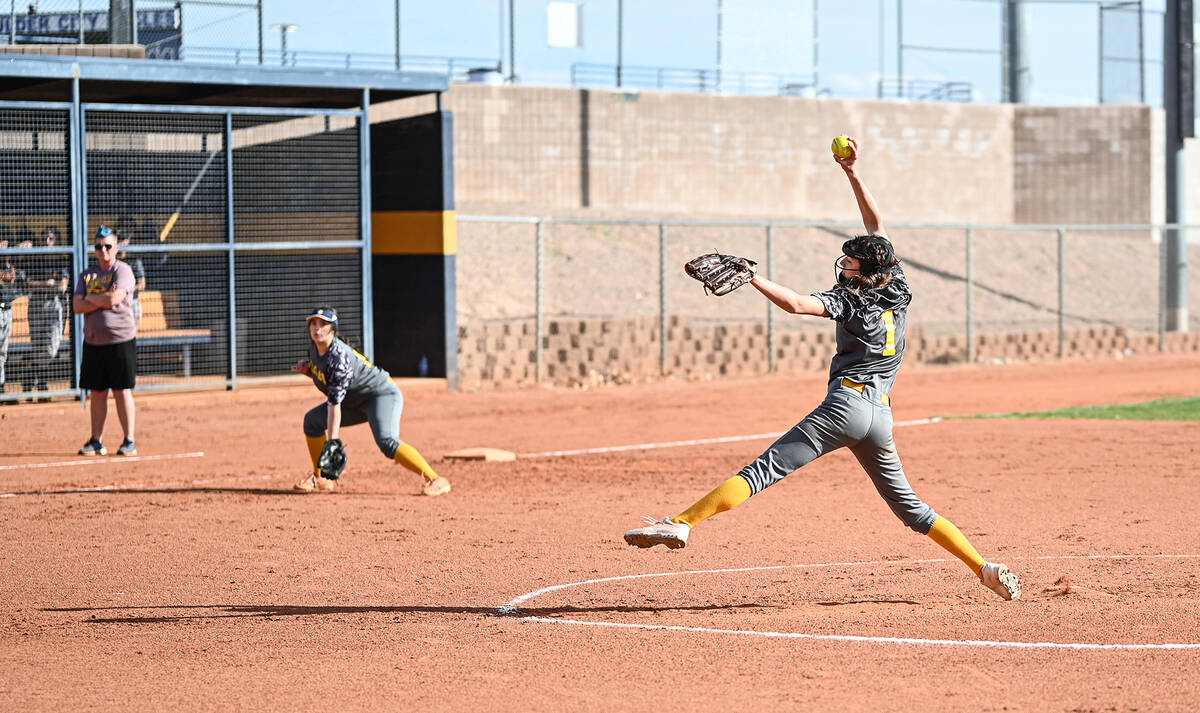 (Jamie Jane/Boulder City Review) Alyssa Bryant, seen pitching in 2020 when she was a sophomore ...