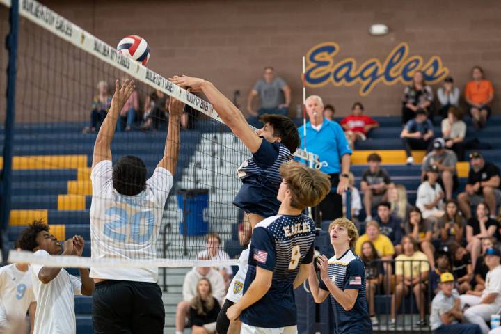 (Jamie Jane/Boulder City Review) Boulder City High School sophomore Travis Hess, at the net, ad ...