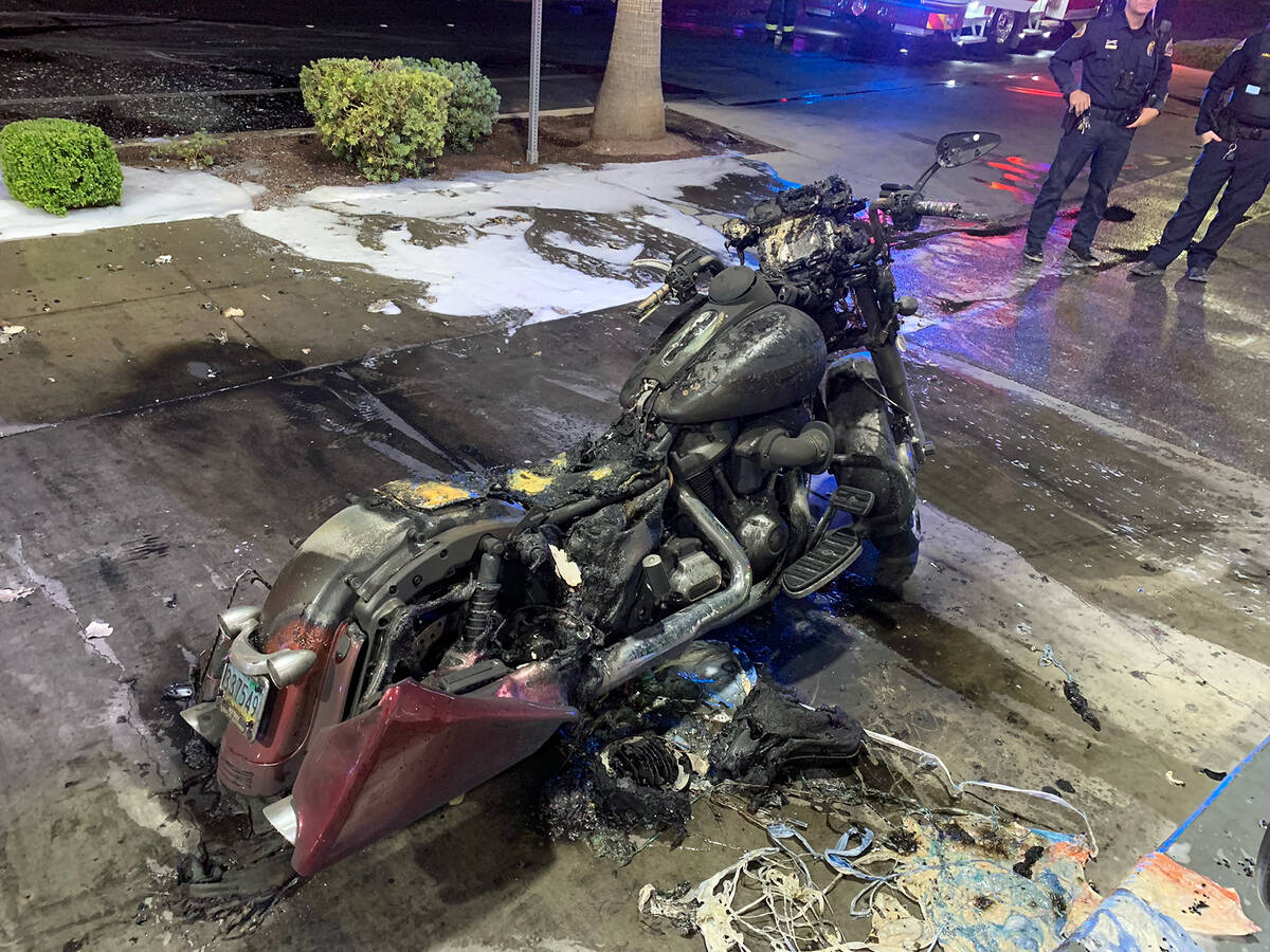 (Photo courtesy Boulder City) A motorcycle burst into flames as it was being refuled at 4:15 a. ...