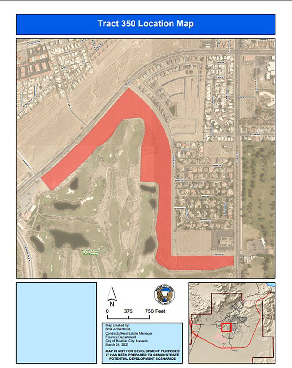 (Image courtesy Boulder City) The sale of Tract 350, as shown in red, to Toll Brothers is in li ...