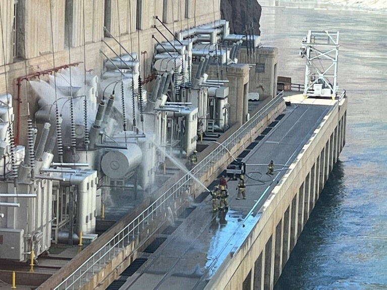 (Photo courtesy Bureau of Reclamation) A transformer on the Arizona side at Hoover Dam caught f ...