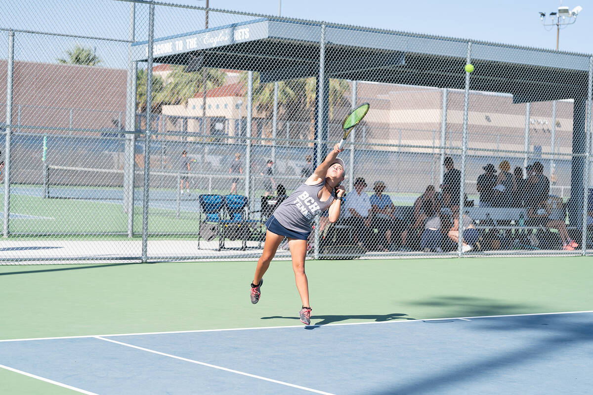 (Jamie Jane/Boulder City Review) Junior Lillian Mikkelson picked up a singles victory during Tu ...