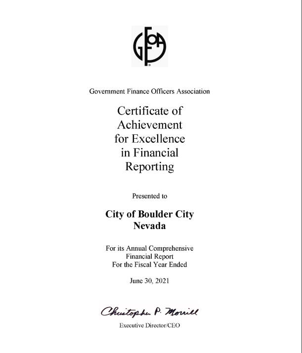 (Image courtesy Boulder City) Boulder City received a certificate of achievement for excellence ...