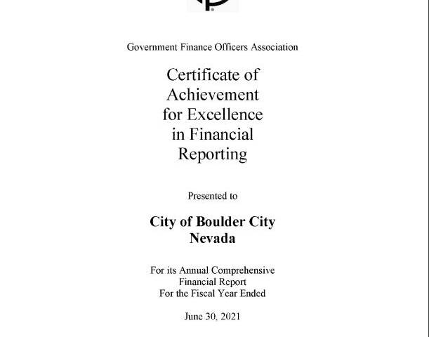 (Image courtesy Boulder City) Boulder City received a certificate of achievement for excellence ...