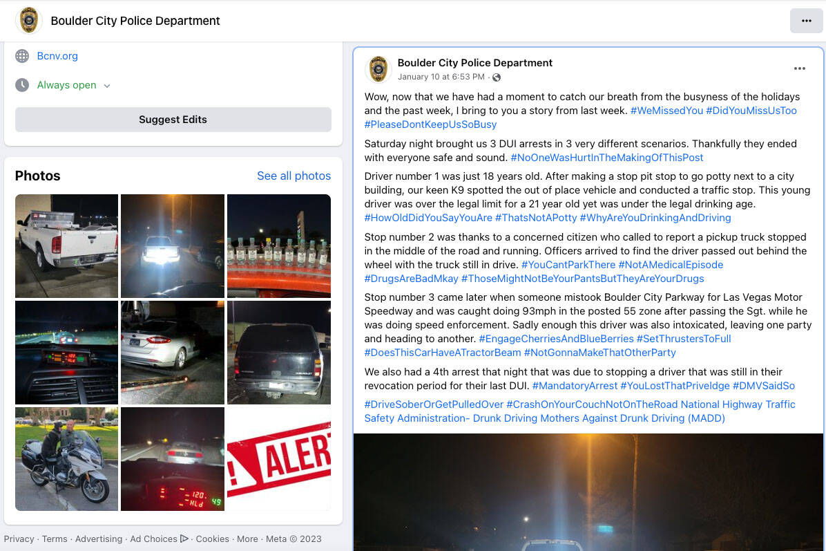 (Boulder City Review) This screenshot of Boulder City Police Department’s Facebook page tells ...