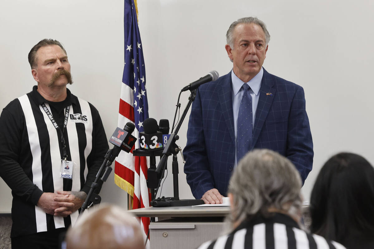 Nevada Gov. Joe Lombardo, right, speaks about his school safety plan during a news conference a ...
