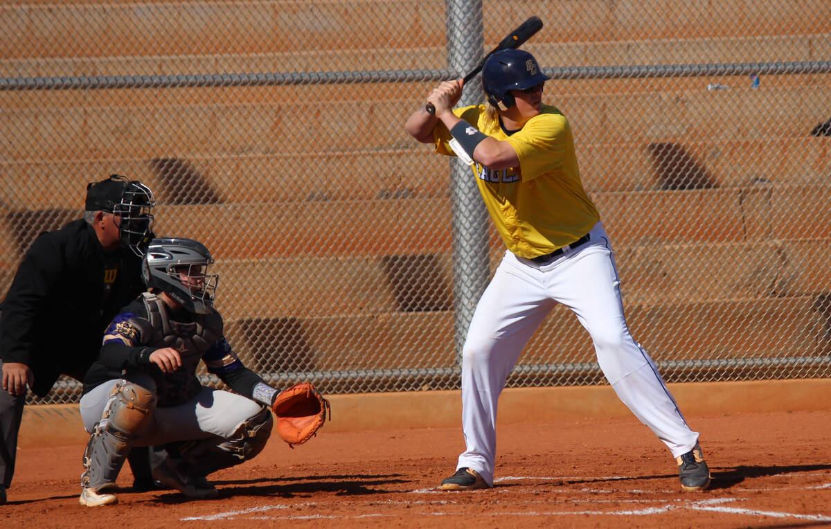 Senior Dylan Spencer at bat against Sunrise Mountain on March 28, 2023, at Boulder City High Sc ...