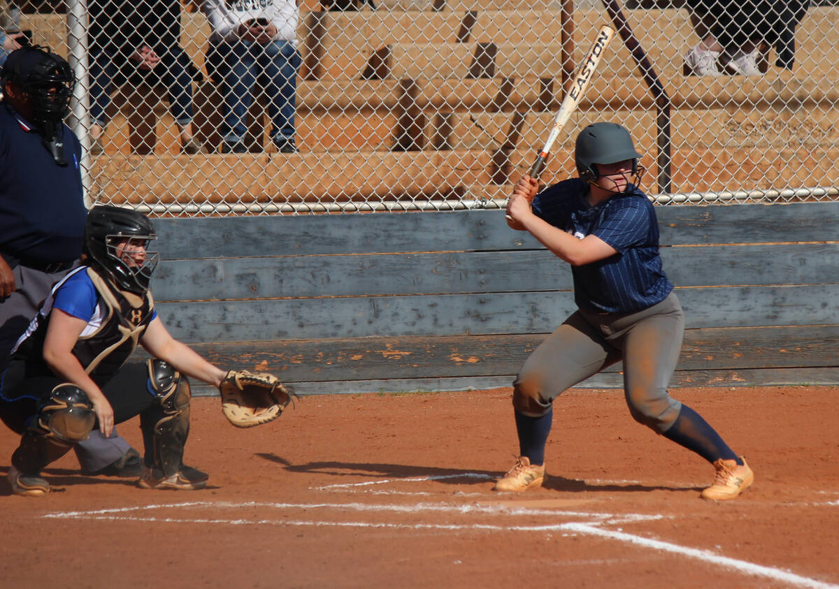 Sophmore Baylee Cook at bat against Moapa Valley, March 28 at Boulder City High School. (Courtn ...