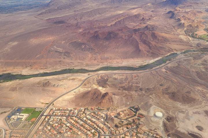 A view from an airplane of the Las Vegas Wash flowing east toward Lake Mead. Clark County Wetla ...