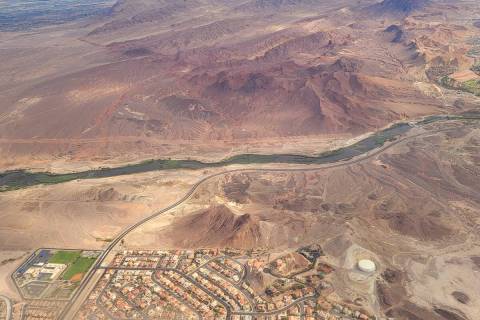 A view from an airplane of the Las Vegas Wash flowing east toward Lake Mead. Clark County Wetla ...