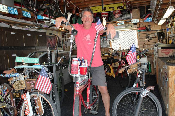 Ron Dale, a lifelong Boulder City resident, shows off a few of his custom bikes he makes in his ...