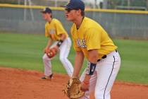 Sam Bonar in the ready position for first base during a game last week at home. (Courtney Willi ...