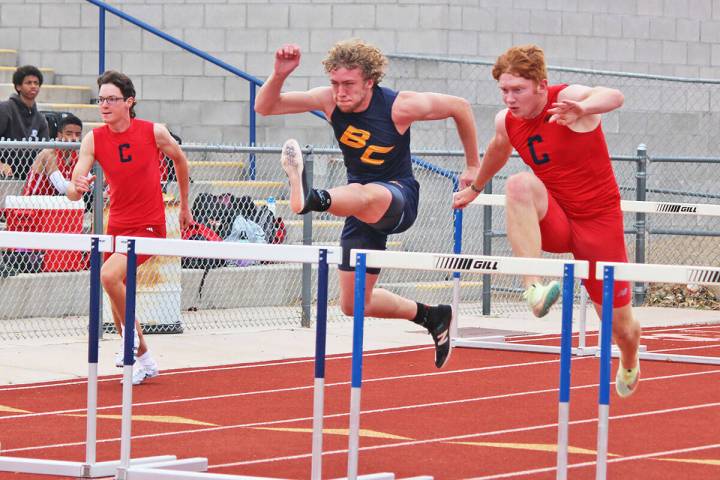 Boulder City's Mason Terrill finished first in the 110-meter high hurdles during a home meet la ...