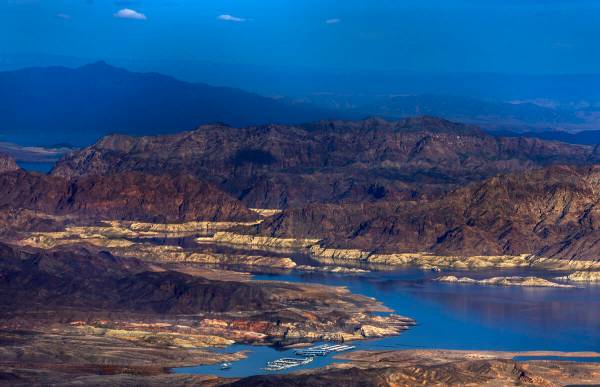 Land is exposed about Callville Bay and the narrows where once was water along the Lake Mead sh ...