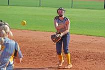 Hailey Nordstrom throwing the ball to Baylee Cook to get a play. (Courtney Williams/Boulder Cit ...