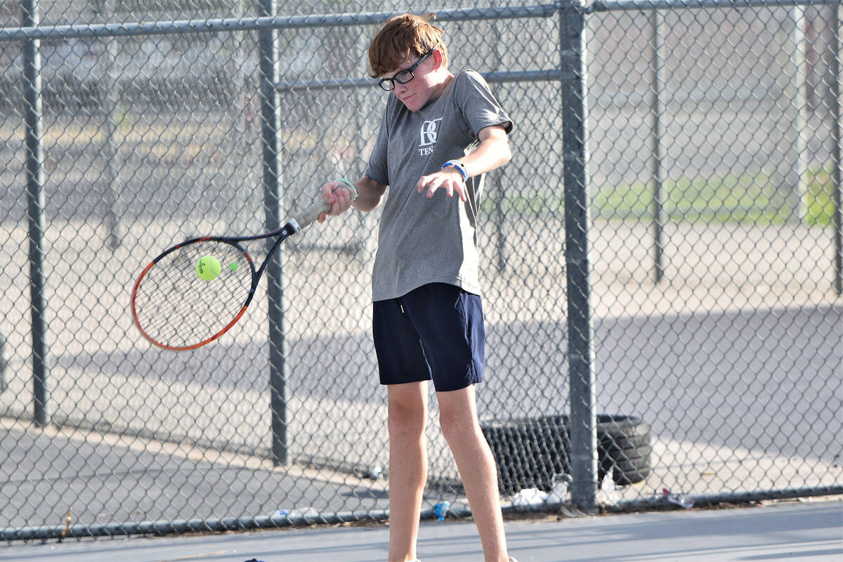 Robert Vendettoli/Boulder City Review Sophomore Logan Borg returns a serve against Legacy on S ...