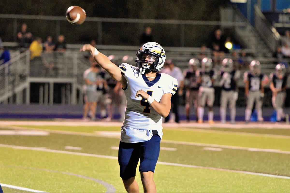 Robert Vendettoli/Boulder City Review Junior quarterback Gage Hopkinson passes against The Mead ...