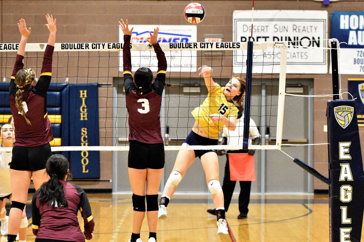 Robert Vendettoli/Boulder City Review Senior Addison Doane puts down a spike against Pahrump Va ...