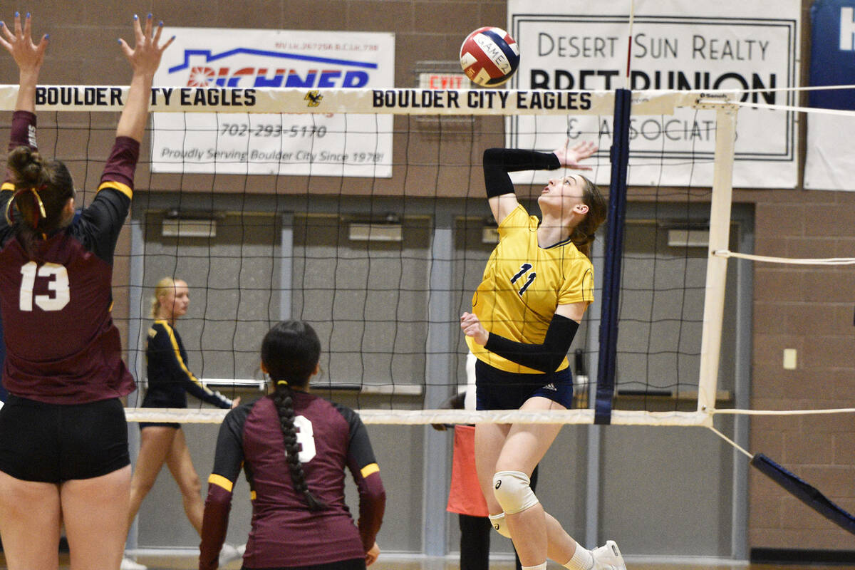 Robert Vendettoli/Boulder City Review Senior Megan Uszynski throws down a kill against Pahrump ...