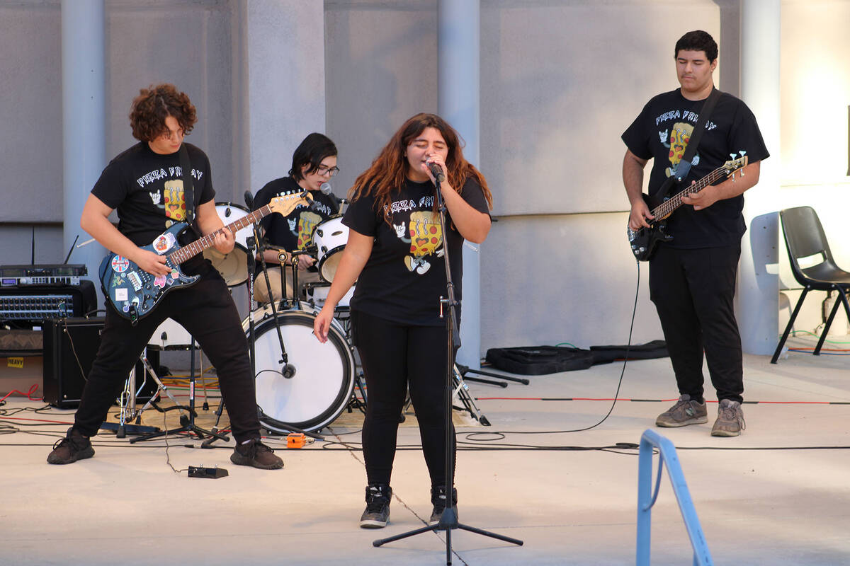 Pizza Friday got the crowd going with an original song at the 2023 Boulder City’s Got Talent ...