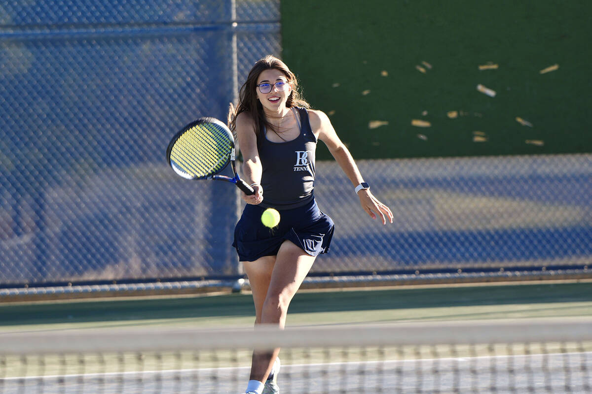 Robert Vendettoli/Boulder City Review Senior Emma Woods returns the ball against Pahrump Valley ...