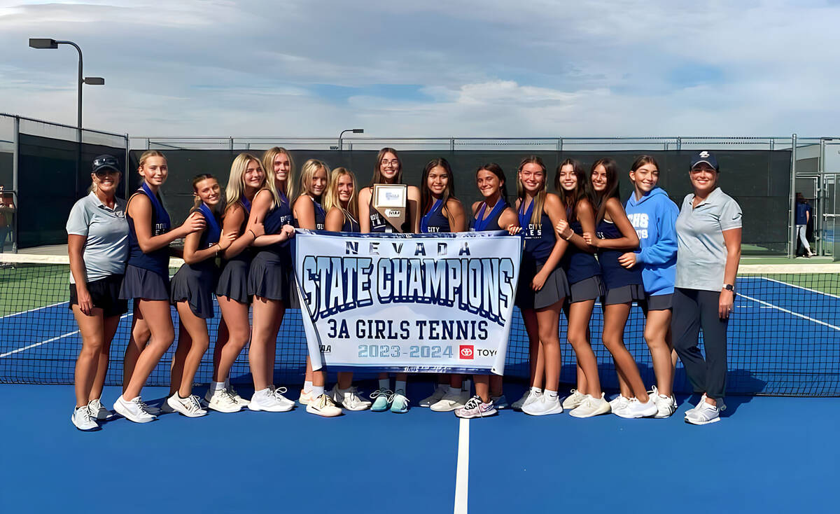 Photo courtesy of Rachelle Huxford Boulder City High School girls tennis celebrates winning the ...