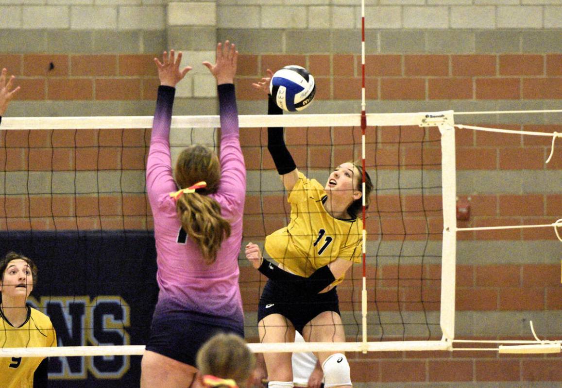 Robert Vendettoli/Boulder City Review Senior Megan Uszynski throws down a kill against Foothill ...