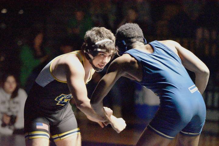 Robert Vendettoli/Boulder City Review Sophomore Boulder City wrestler Andrew Magdaleno, left, l ...