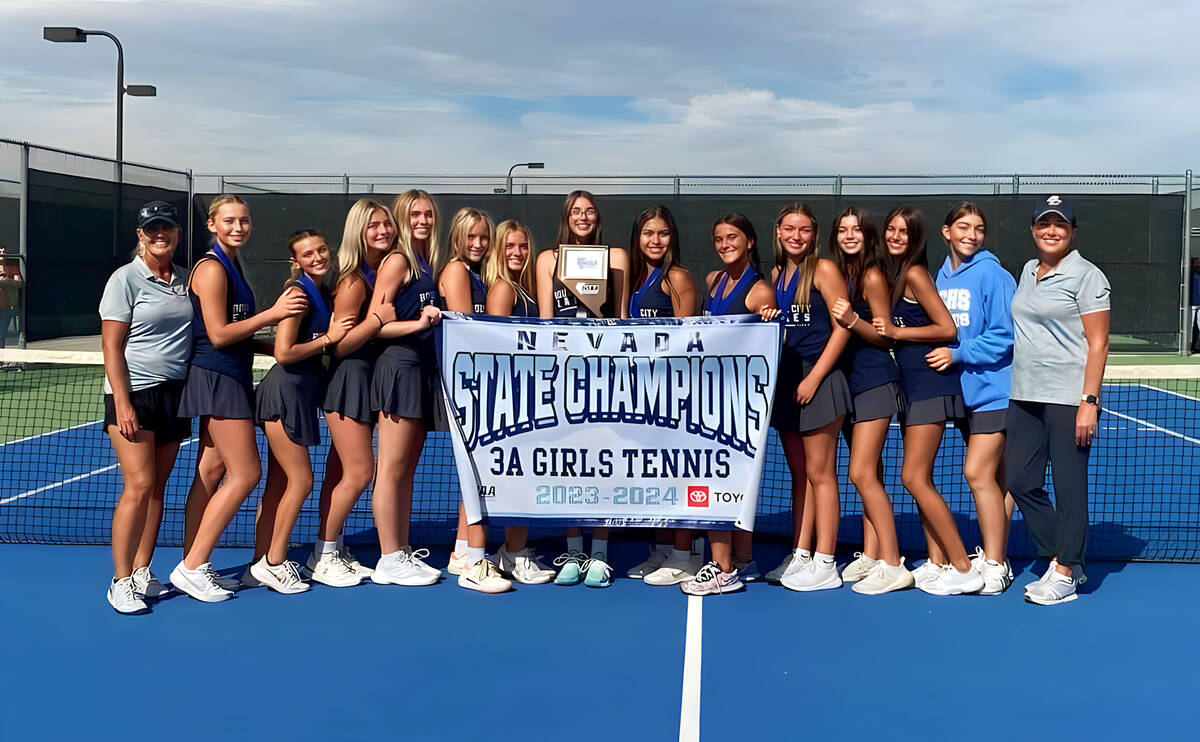 Photo courtesy of Rachelle Huxford Boulder City High School girls tennis celebrates winning the ...