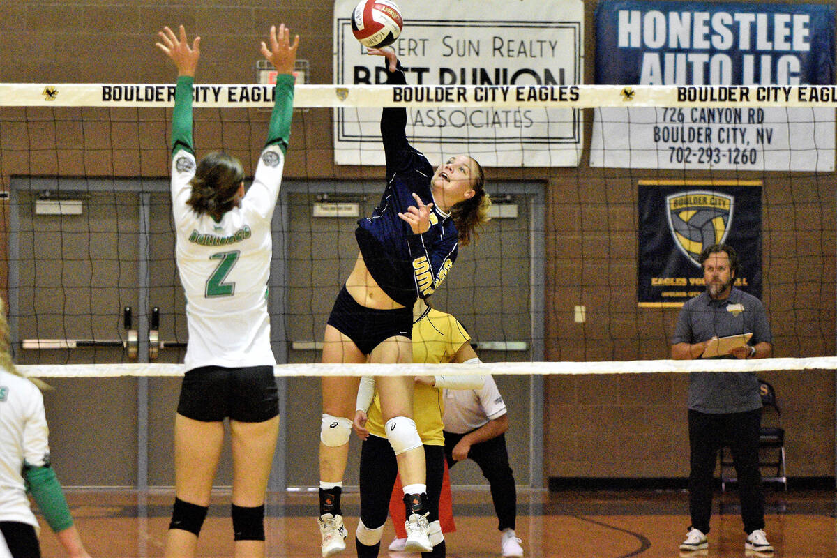 Robert Vendettoli/Boulder City Review Senior Addison Doane throws down a thunderous kill agains ...