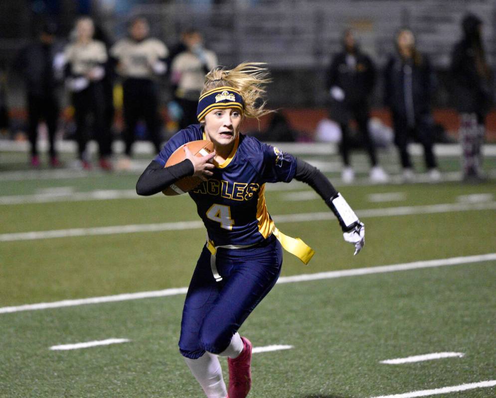 Robert Vendettoli/Boulder City Review Junior quarterback Makayla Nelson rushes upfield against ...