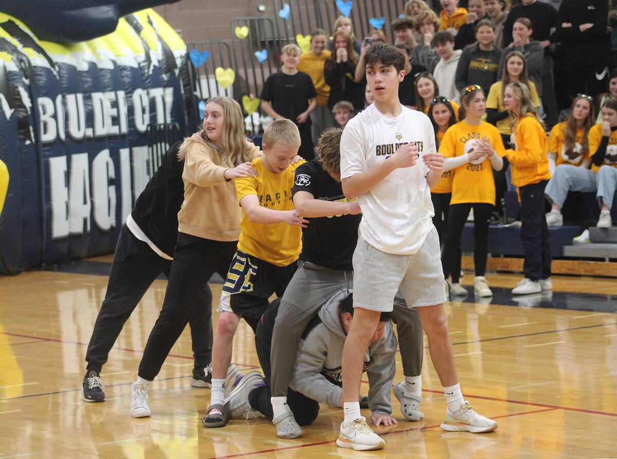The freshmen compete in one of several contests during the assembly.