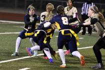 Robert Vendettoli/Boulder City Review Boulder City defenders (from left) Indy Ruth, Rylea St.Cl ...
