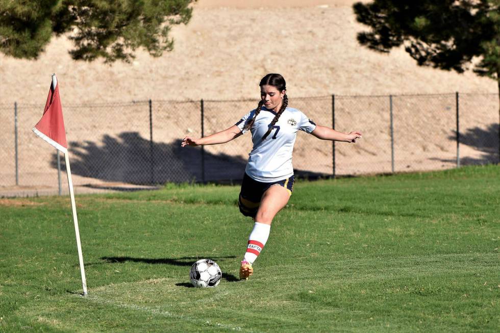 Robert Vendettori/Boulder City Review Senior Natasha Orlando advances the ball toward the goal...