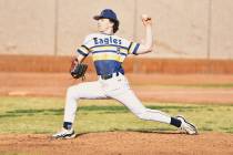 Robert Vendettoli/Boulder City Review Sophomore Ethan Wagstaff throws strikes against Canyon Sp ...