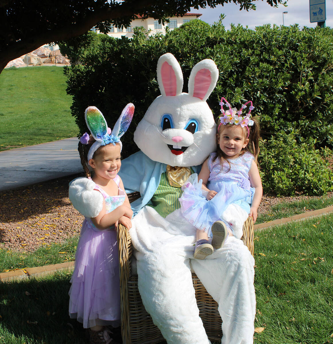 Meadow and River McIntyre were all smiles Saturday with the Easter Bunny just before the egg hu ...