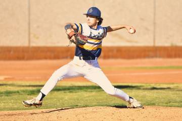 Robert Vendettoli/Boulder City Review Sophomore Ethan Wagstaff throws a strike against Sunrise ...