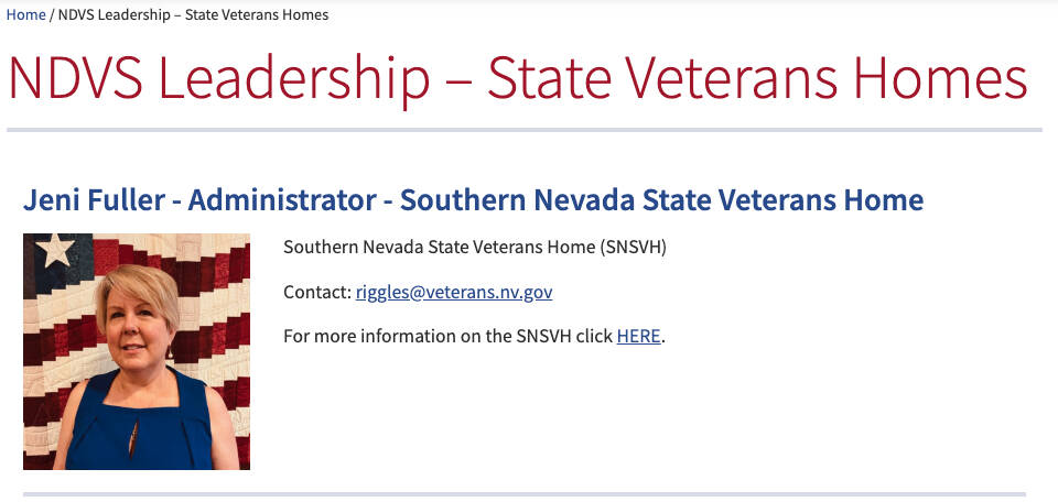 Screenshot Page from the Nevada Department of Veterans Services website showing a new administr ...
