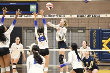 Robert Vendettoli/Boulder City Review Throwing down a spike, junior Ivy Dineen generates a kill ...